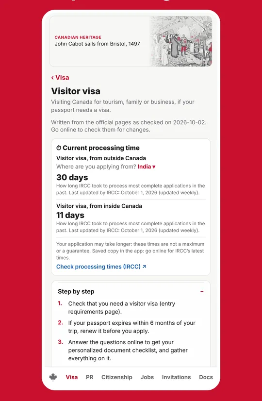 Visitor visa guide with live IRCC processing times